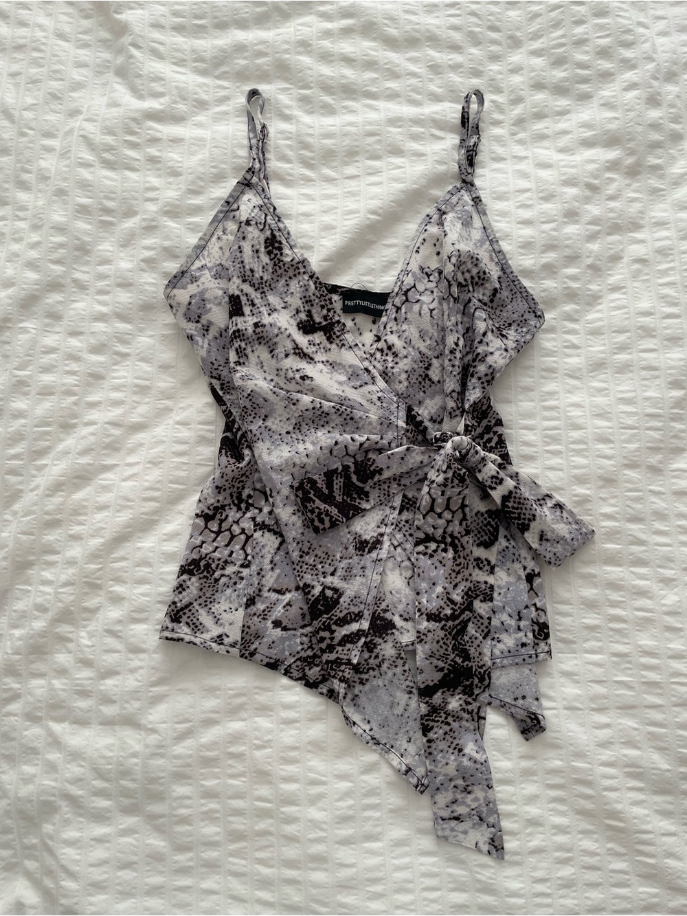 PrettyLittleThing Surplice Wrap Front Top Black Grey White Snake Print